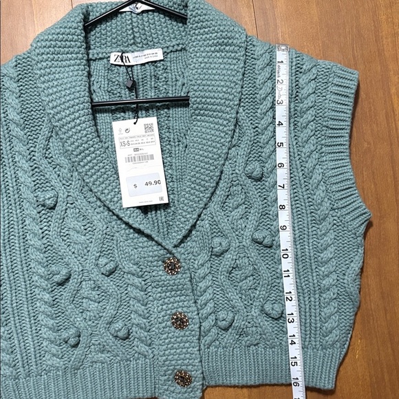 Zara Women's Cable Knit Cardigan Vest Size XS-SM in Blue/Green color - Picture 6 of 7